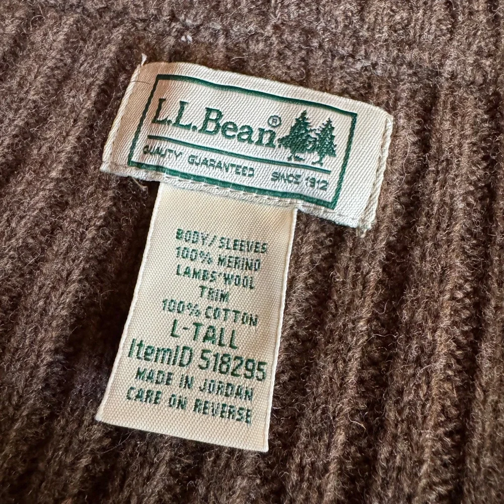 Vintage LL Bean Mens Merino Lambswool Ribbed Full Zip Sweater Brown Tall L